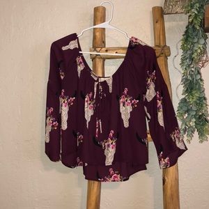 Off the shoulder burgundy top